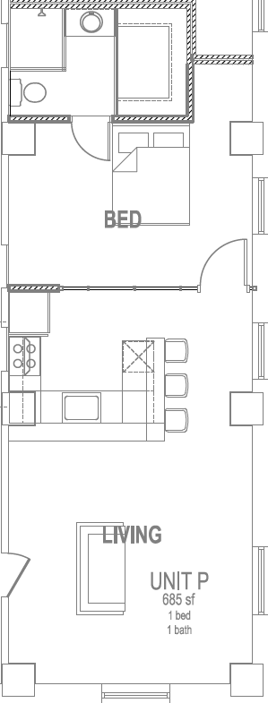 Floor plan for 1 bed, 1 bath, 658 sqft